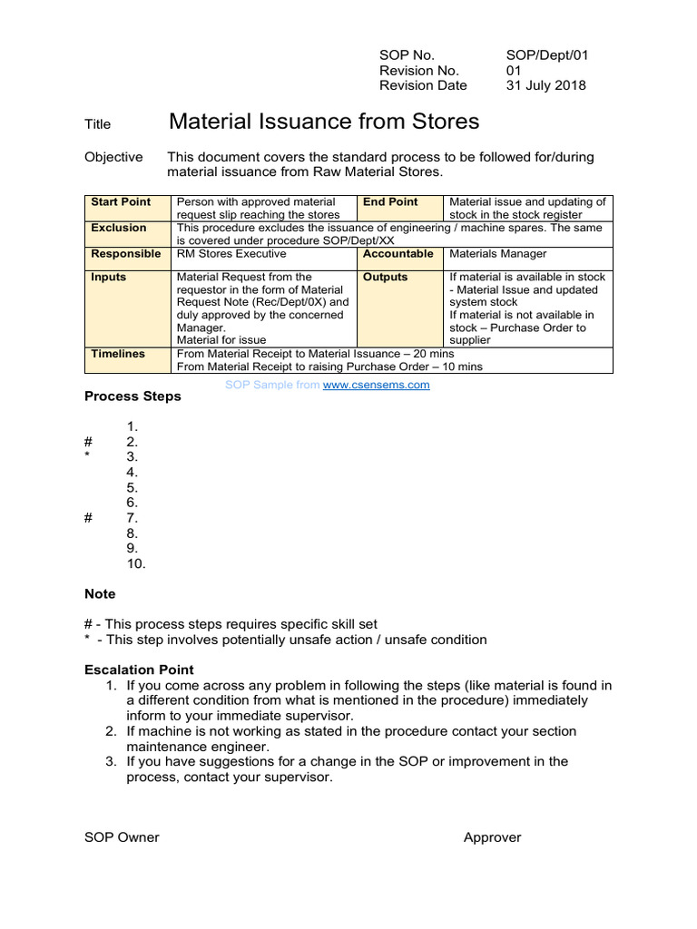 Material Issuance SOP for Stores | PDF