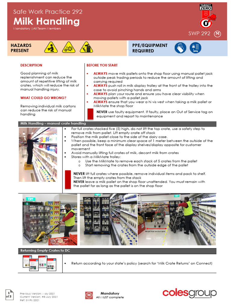 SWP292 Milk Handling | PDF | Milk | Pallet
