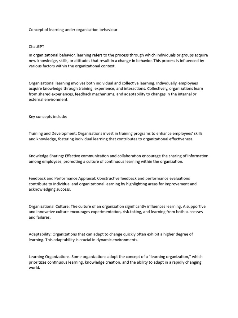 Concept of Learning Under Organisation Behaviour 2 | PDF | Self ...