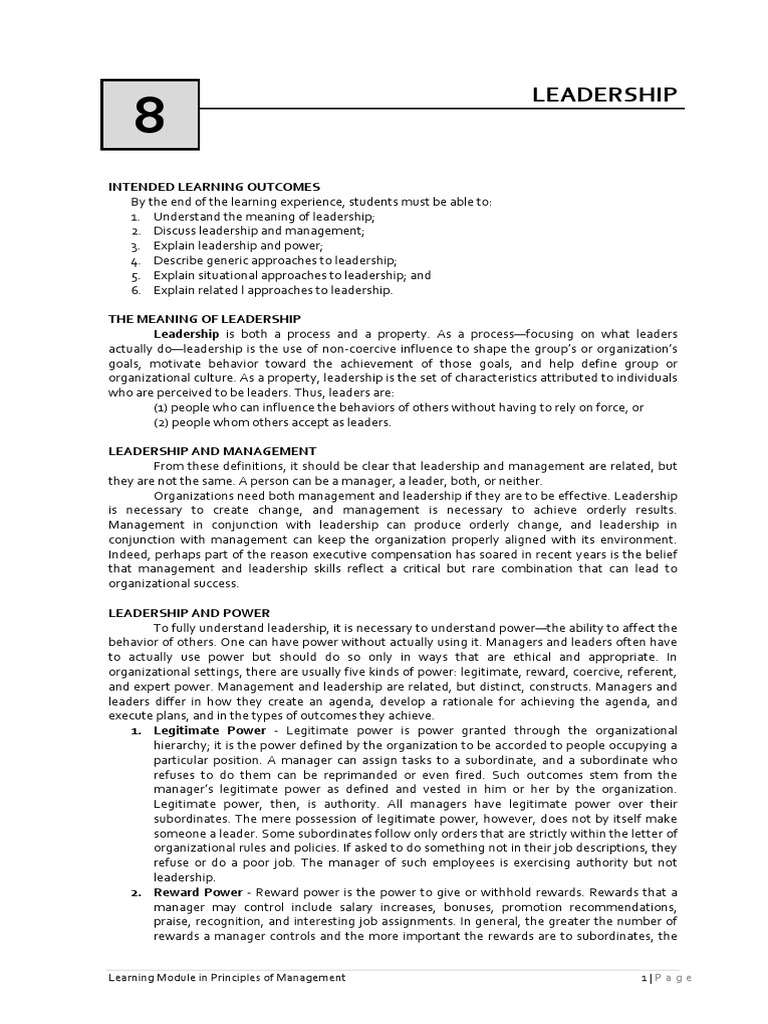 Management Leadership Module | PDF | Leadership | Power (Social And ...