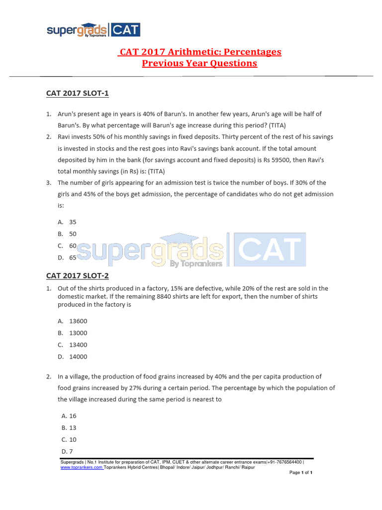 CAT 2017 Percentages Questions PDF | PDF
