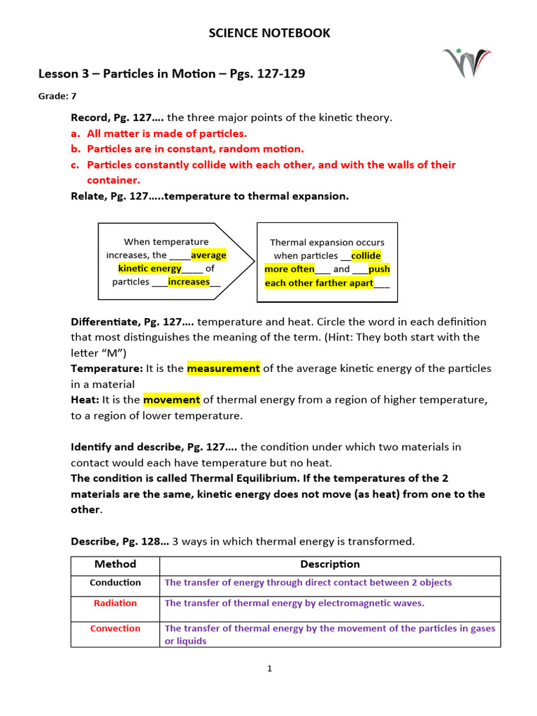 SCIENCE NOTEBOOK - LESSON 3 - Science Grade 7 - Particles in Motion ...