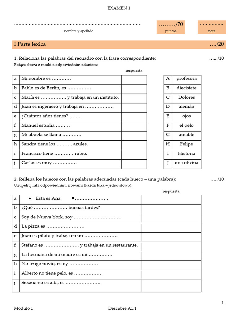 Examen A1.1: Comprensión y Gramática | PDF
