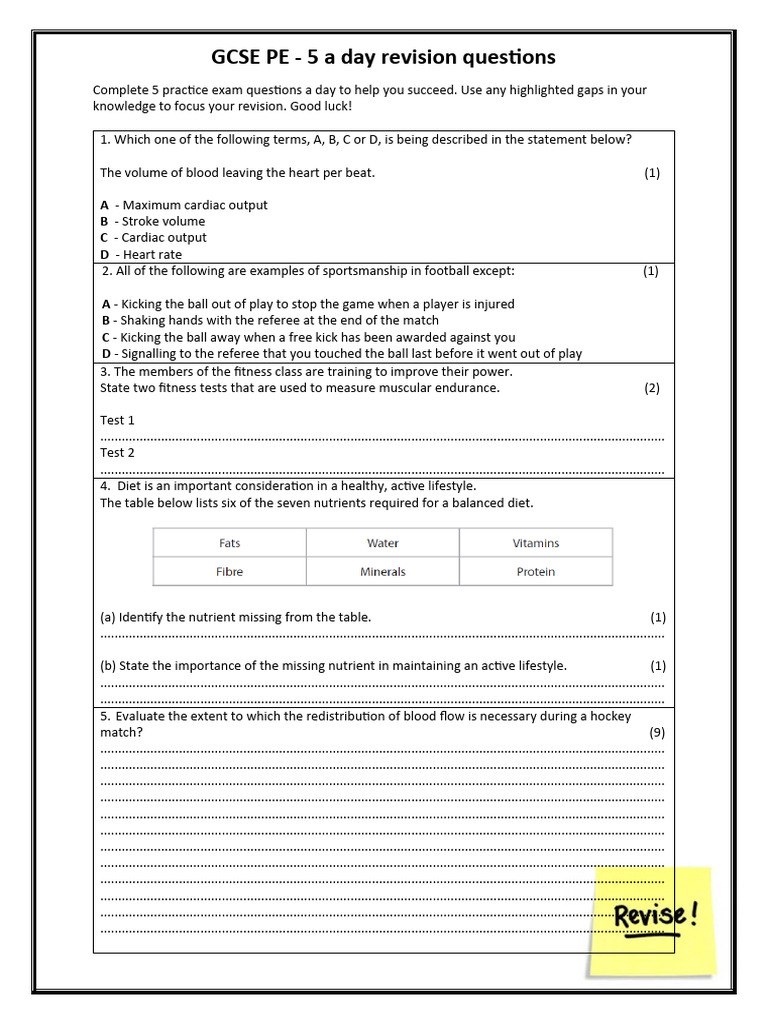 GCSE PE 9 1 5 A Day Exam Questions 17 Edexcel PDF Hemodynamics Vasodilation