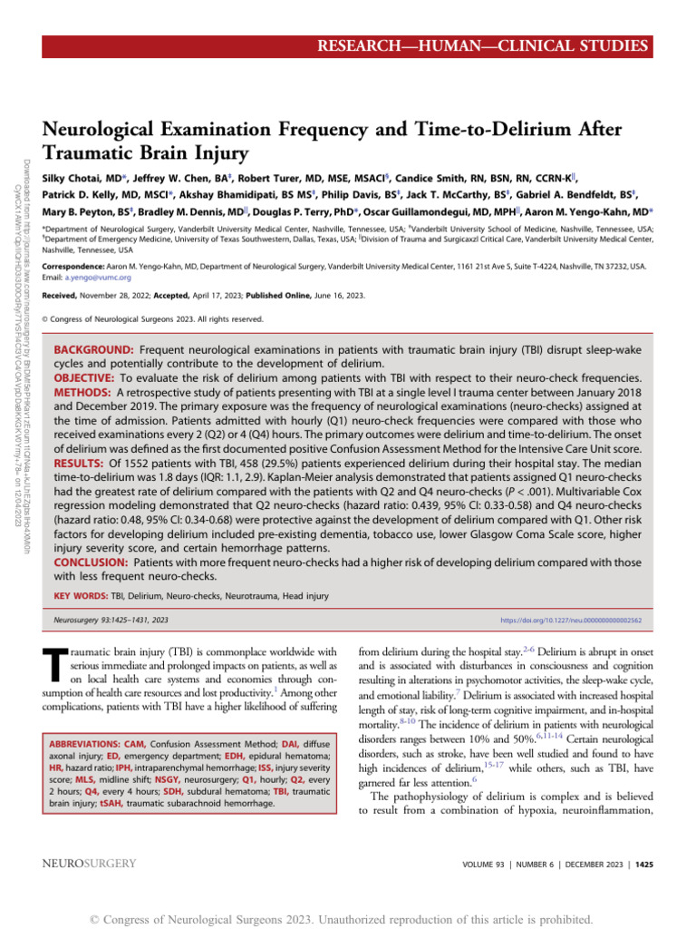 Neuro-Check Frequency and Delirium Risk | PDF | Traumatic Brain Injury ...