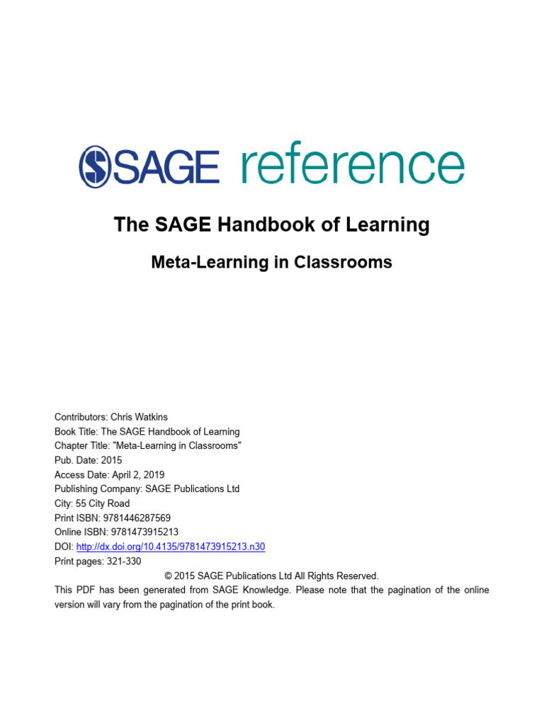 Watkins (2015) Meta-Learning | PDF | Learning | Metacognition