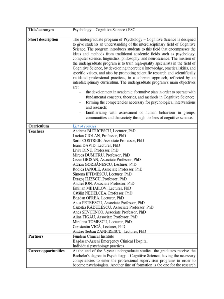 Psychology - Cognitive Science Program | PDF | Cognitive Science ...