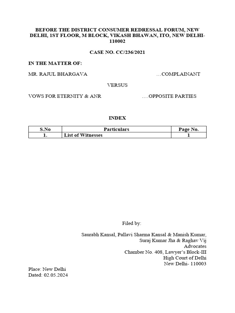 Witness List for Consumer Case CC/236/2021 | PDF