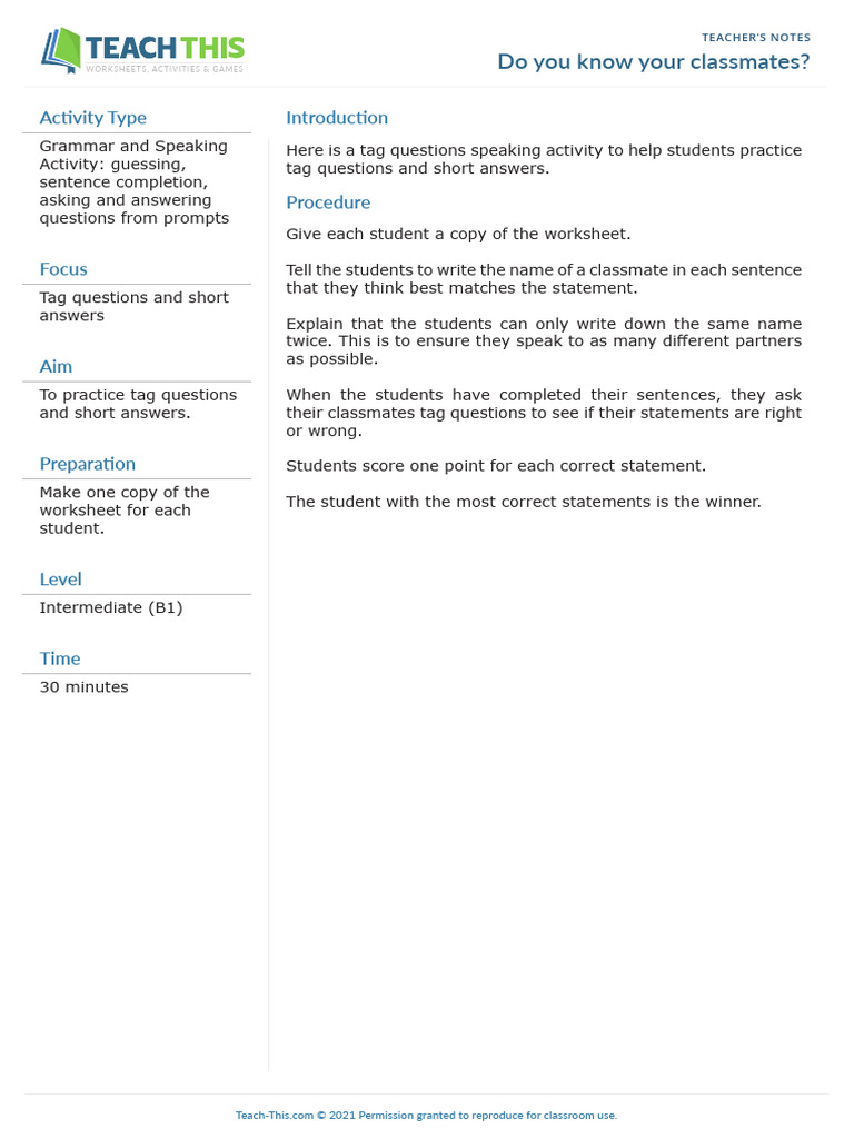 Tag Questions Activity for Classmates | PDF | Language Arts & Discipline