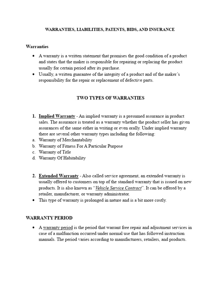 Warranties PDF PDF Insurance Patent