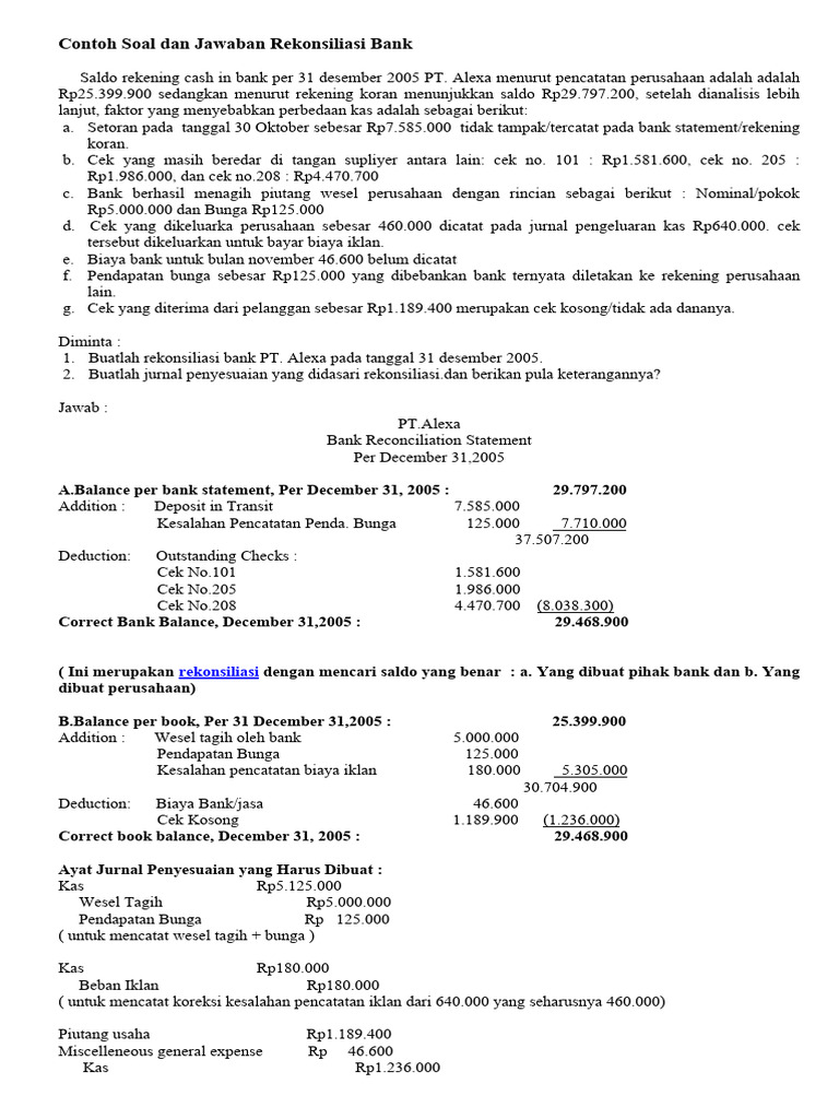 Contoh Soal Dan Jawaban Rekonsiliasi Bank PDF Pengelolaan Keuangan