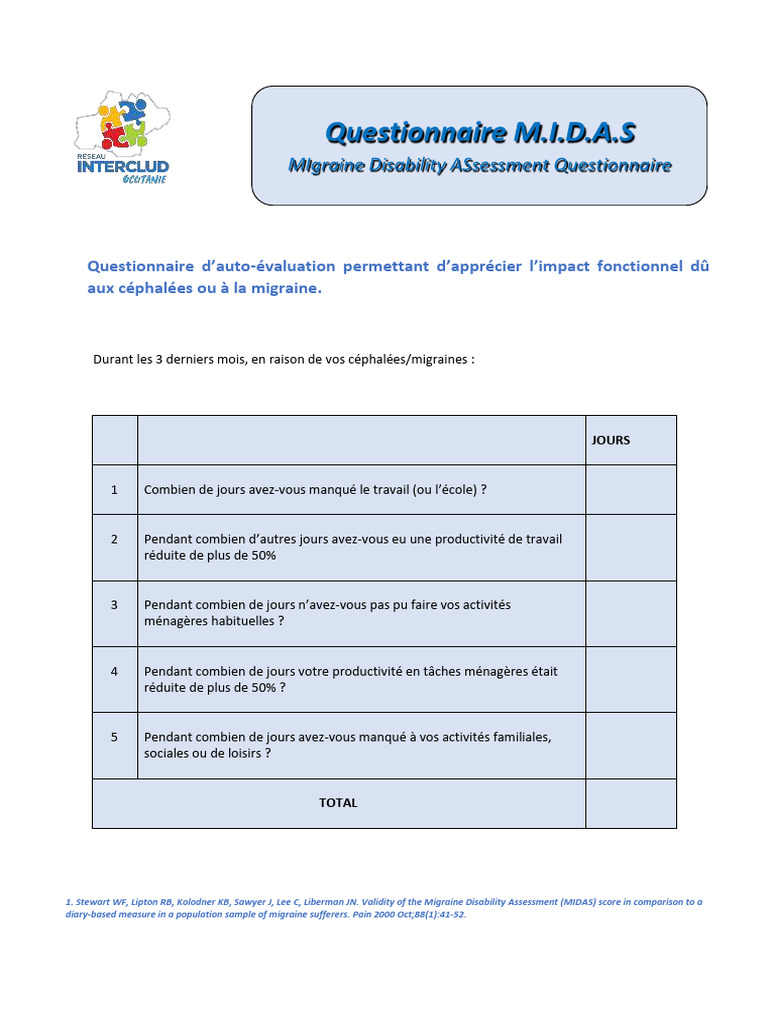 Questionnaire MIDAS sur les migraines | PDF | Migraine | Céphalée