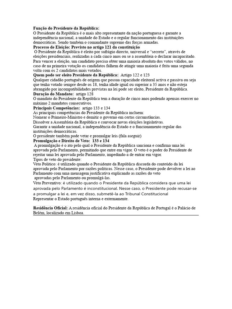 Funções do Presidente da República Portuguesa | PDF | Eleições | República