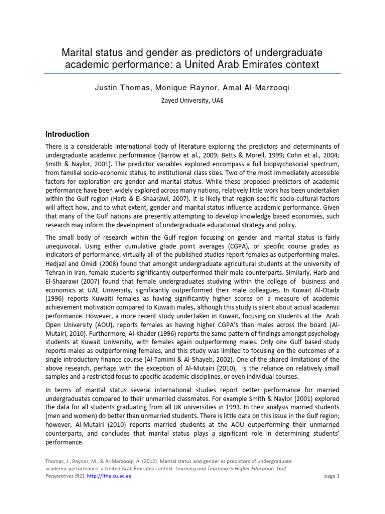 Marital Status and Gender As Predictors | PDF | Marriage | United Arab ...
