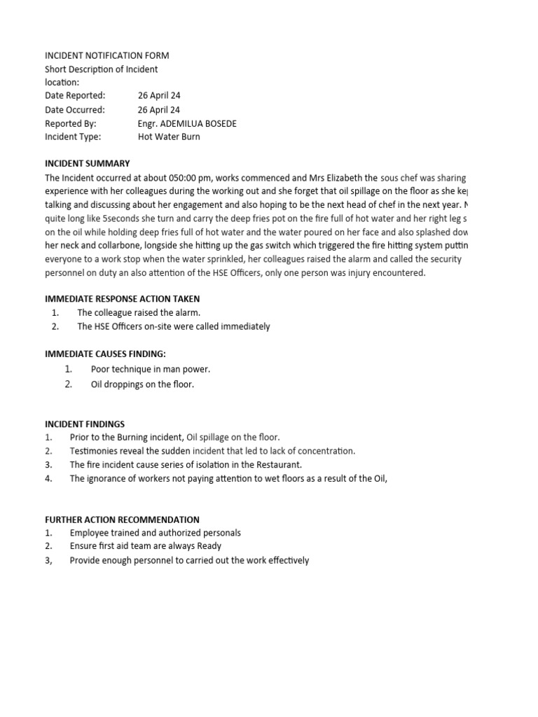Hot Water Burn Incident Report | PDF