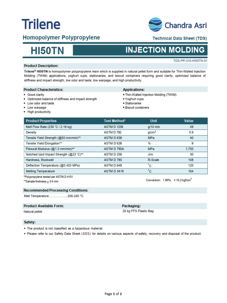 TDS PP 310 Hi50tn 01 PDF Packaging And Labeling Materials