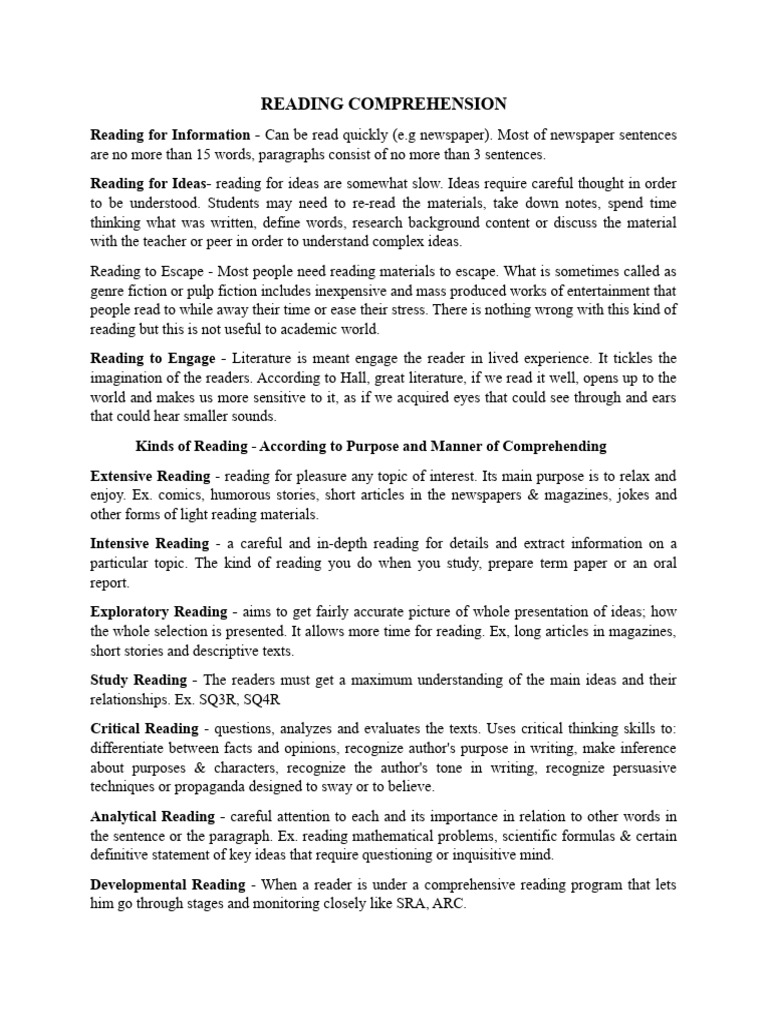 Types of Reading Skills Explained | PDF | Reading Comprehension | Thought