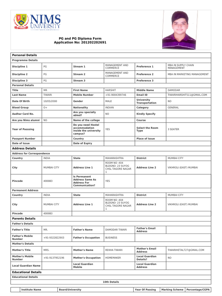 PG Diploma Application Form - Harshit Tiwari | PDF