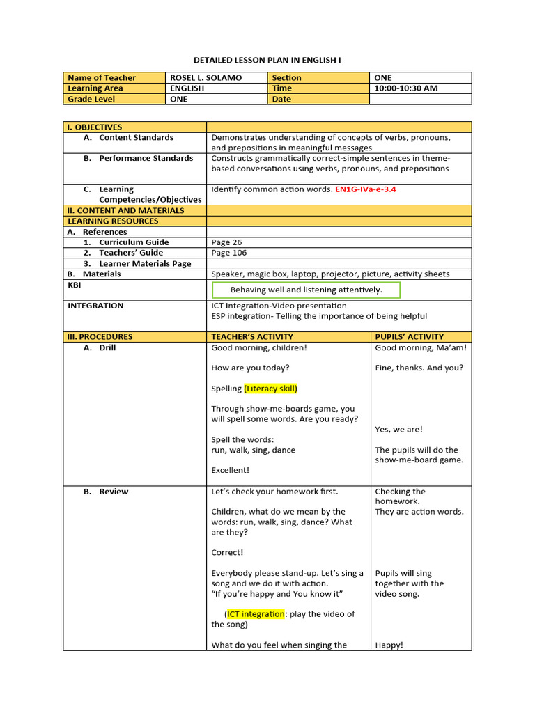 English Lesson Plan: Verbs for Grade One | PDF | English Language ...