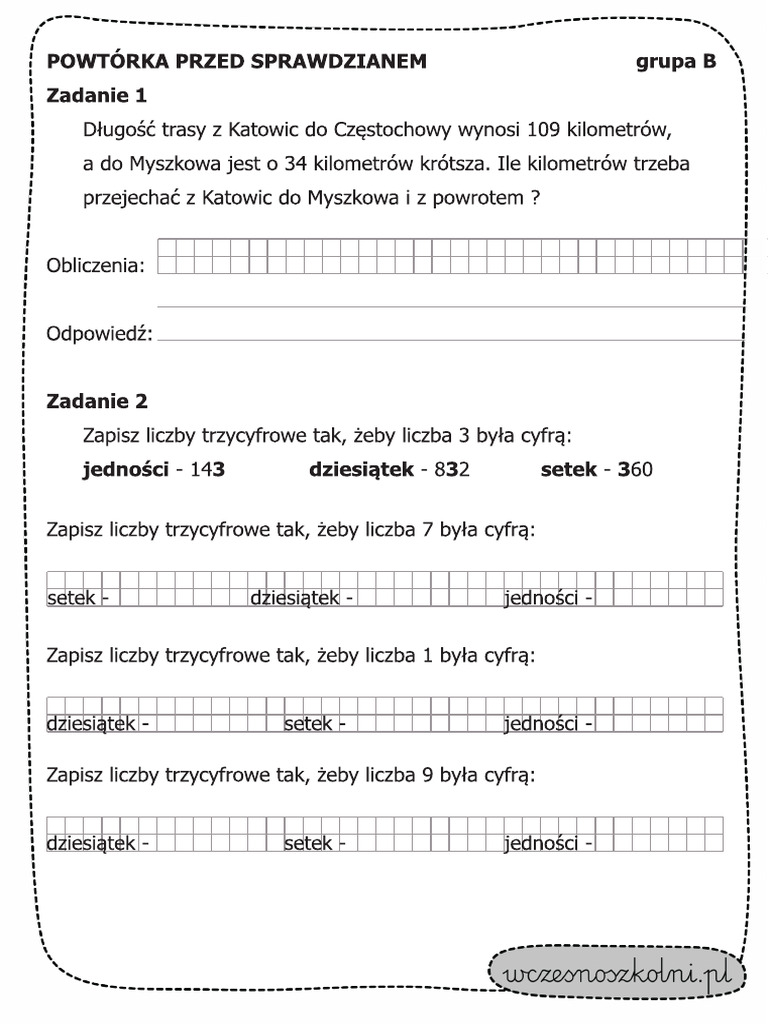 Dodawanie I Odejmowanie W Zakresie 1000 Klasa 3 Do Wydruku Sprawdzian Dodawanie I Odejmowanie Liczb W Zakresie 1000 Rozwiazywanie