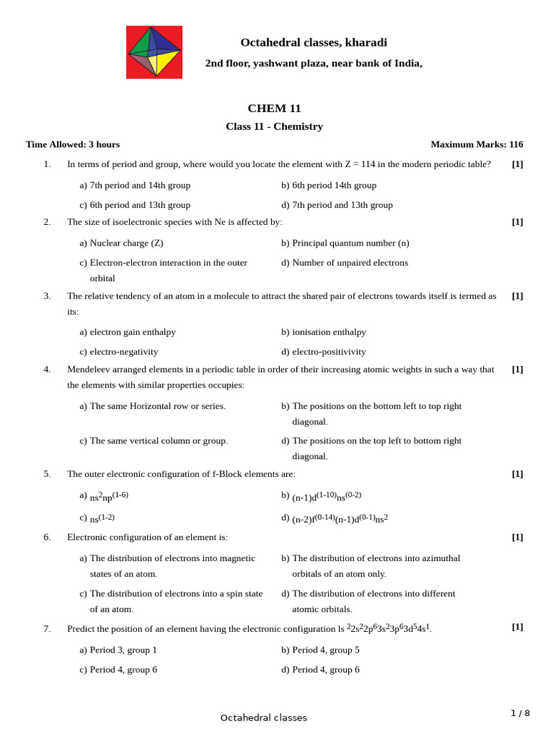 Question 950482 | PDF | Periodic Table | Chemical Bond