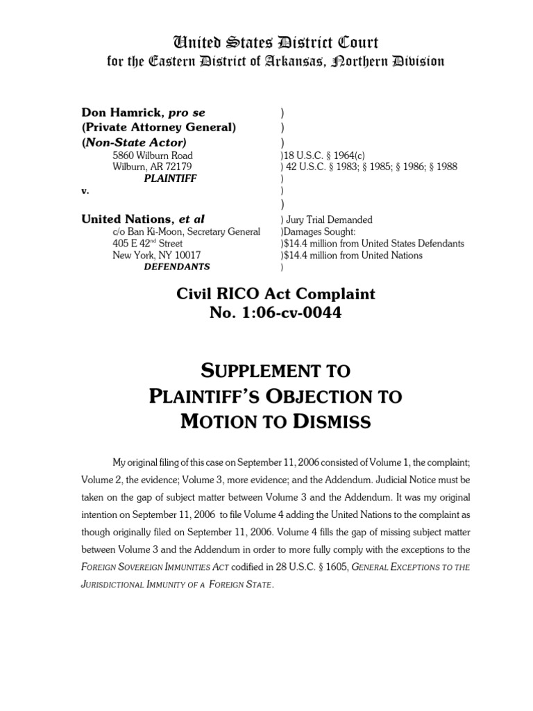 Supplement to Plaintiff Objection to Motion to Dismiss First Amendment To The United States Constitution