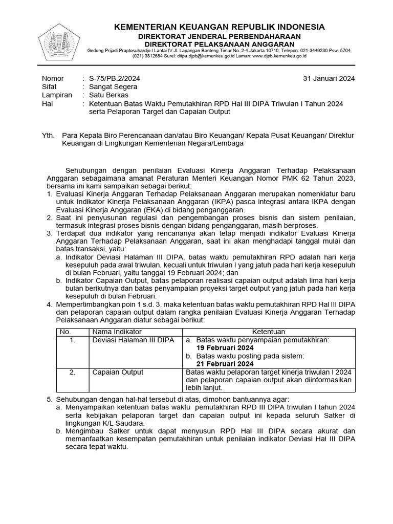 S 75 - PB - 2024 Ketentuan Batas Waktu Pemutakhiran RPD Hal III DIPA TW
