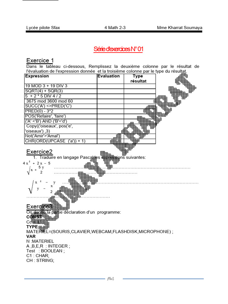 Exercices de Programmation Pascal au Lycée | PDF | Notation | Informatique