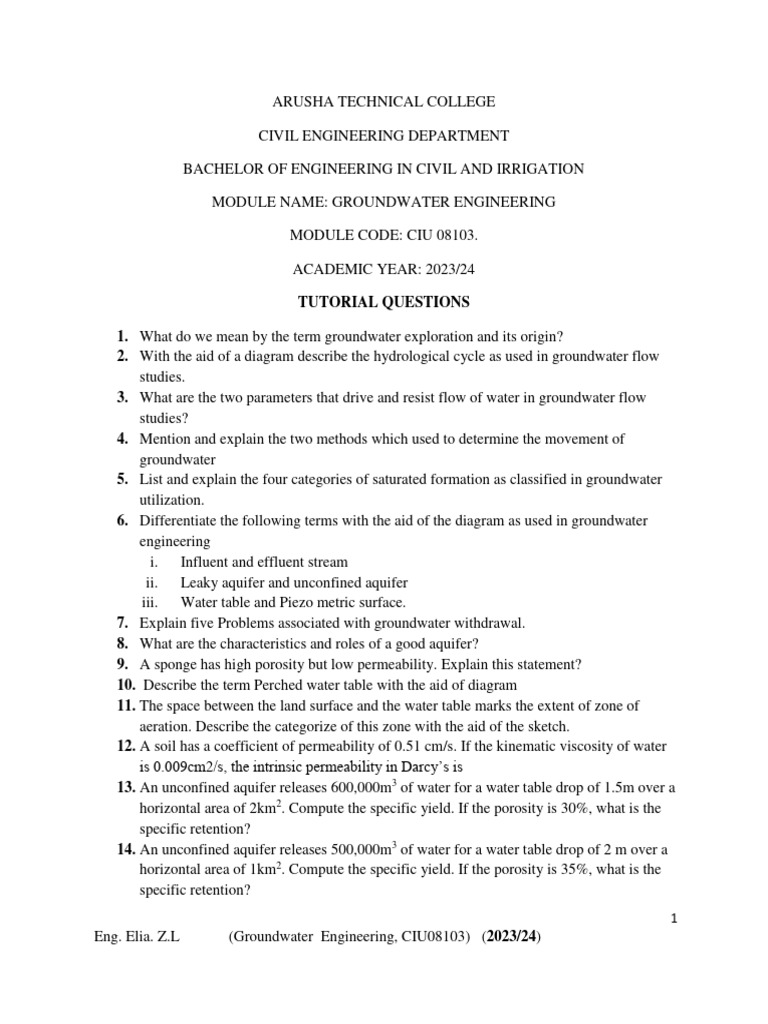 Groundwater Engineering Tutorial Questions | PDF | Aquifer | Hydrogeology