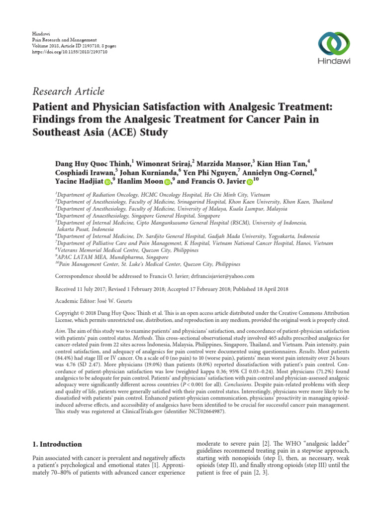 Patient and phycisian satisfaction ace study pdf pain management