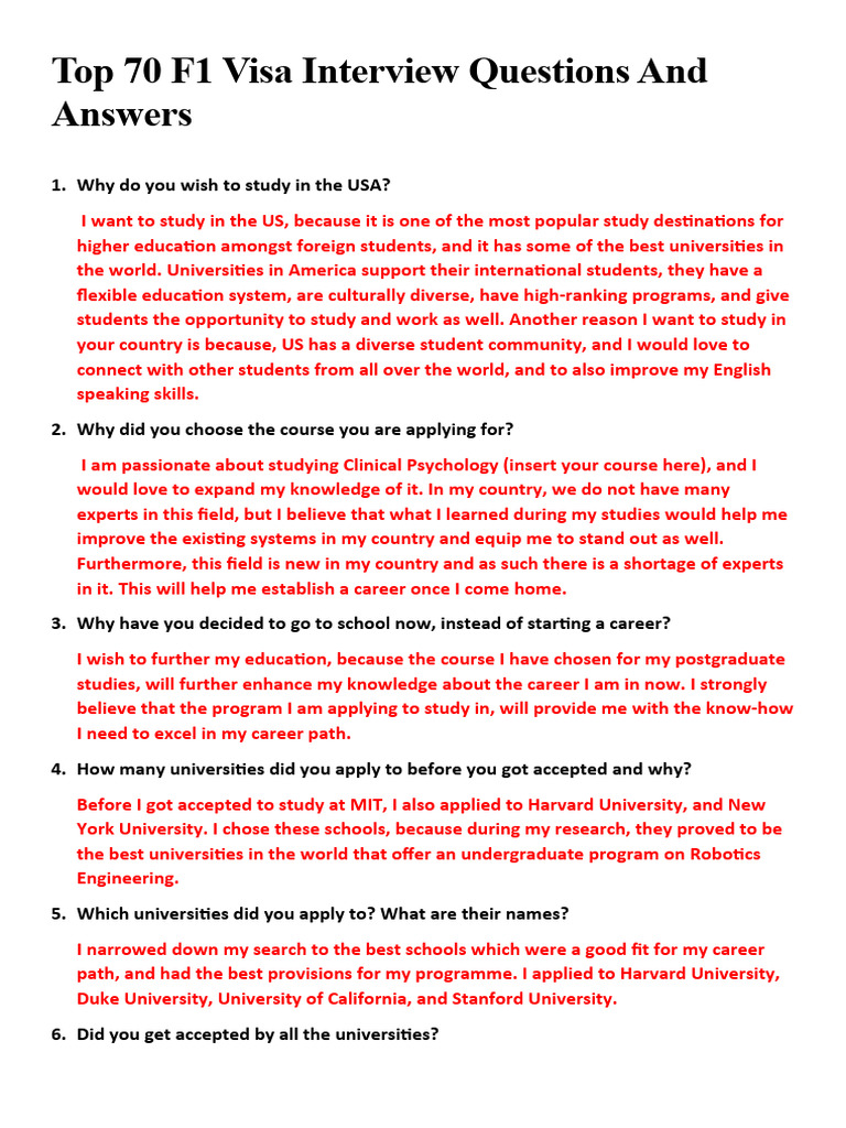 Top 70 f1 visa interview questions and answers pdf university