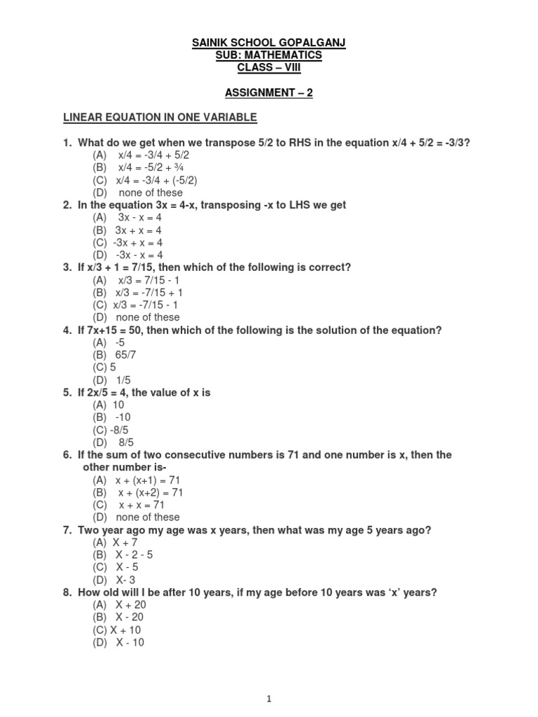 Class 8 Linear Equations Assignment | PDF | Numbers | Equations