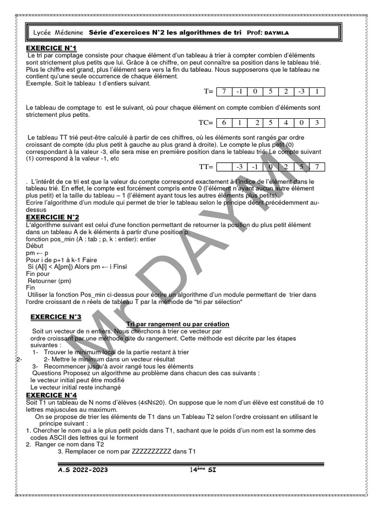 Exercices sur les algorithmes de tri | PDF | Algorithmes ...