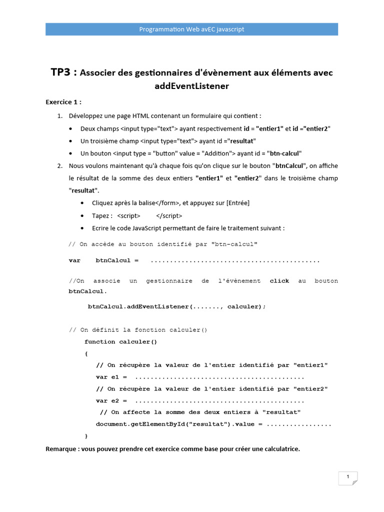 Exercice JavaScript : Gestion d'événements | PDF | JavaScript ...