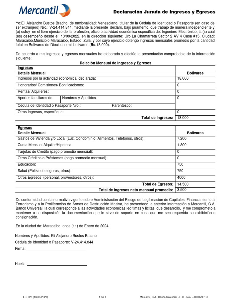 Declaración Jurada de Ingresos y Egresos | PDF | Documento de identidad