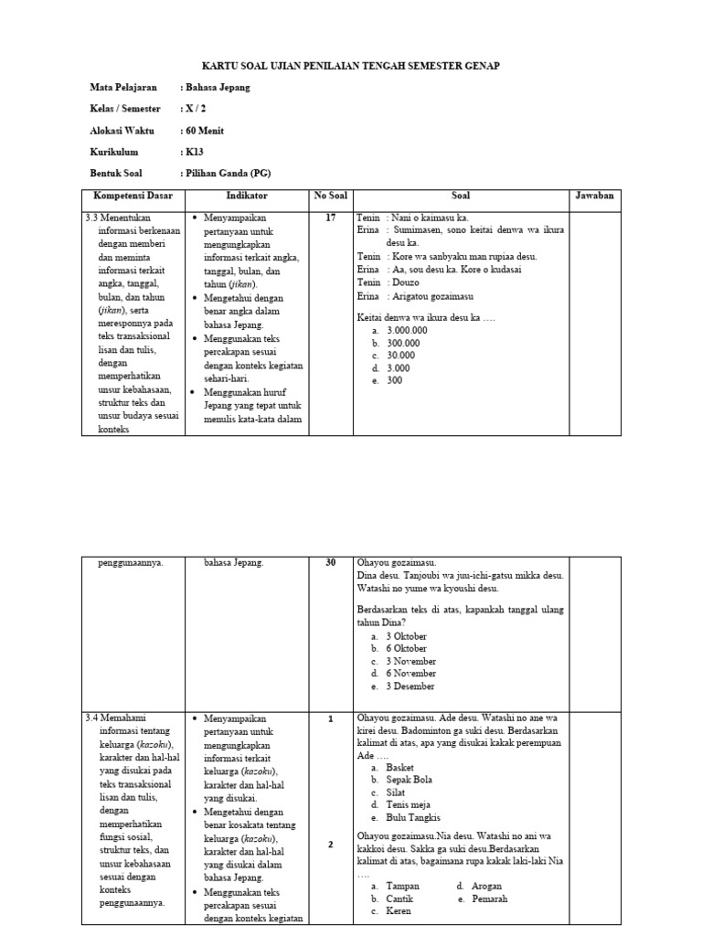 Kartu Soal Pts Bahasa Jepang X Pdf