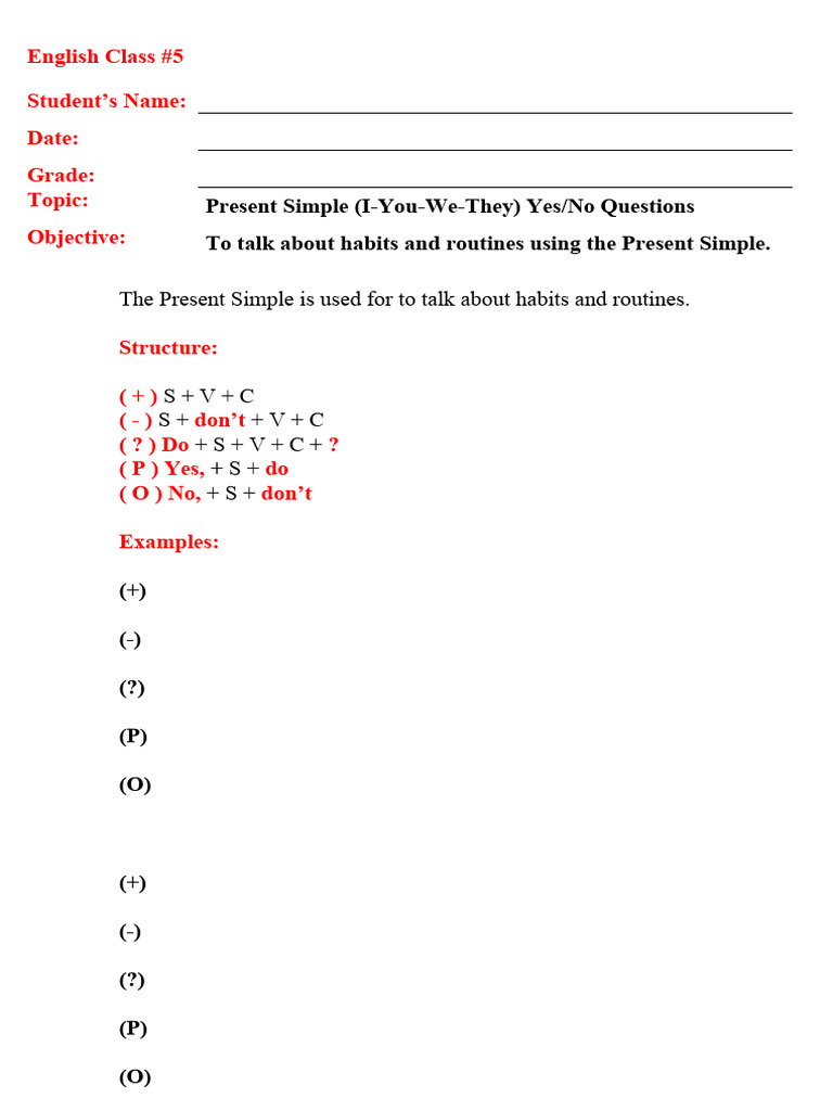 5. Present Simple (I-You-We-They) Yes-No Question | PDF
