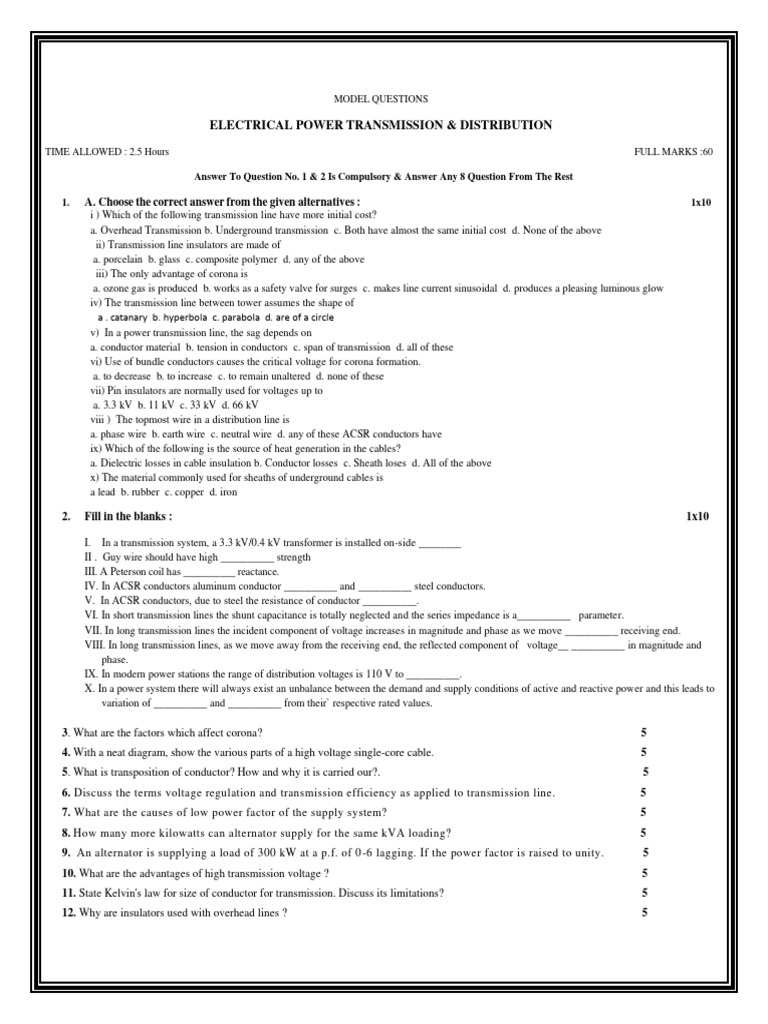 Model Questions Of Electrical Power Transmission Distribution Pdf