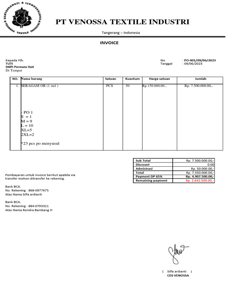 Invoice Pembelian Seragam PT Venossa | PDF