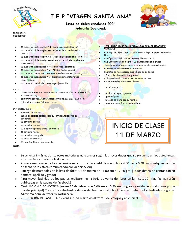 Lista de Útiles 2024 para 2do Grado | PDF | Matemáticas