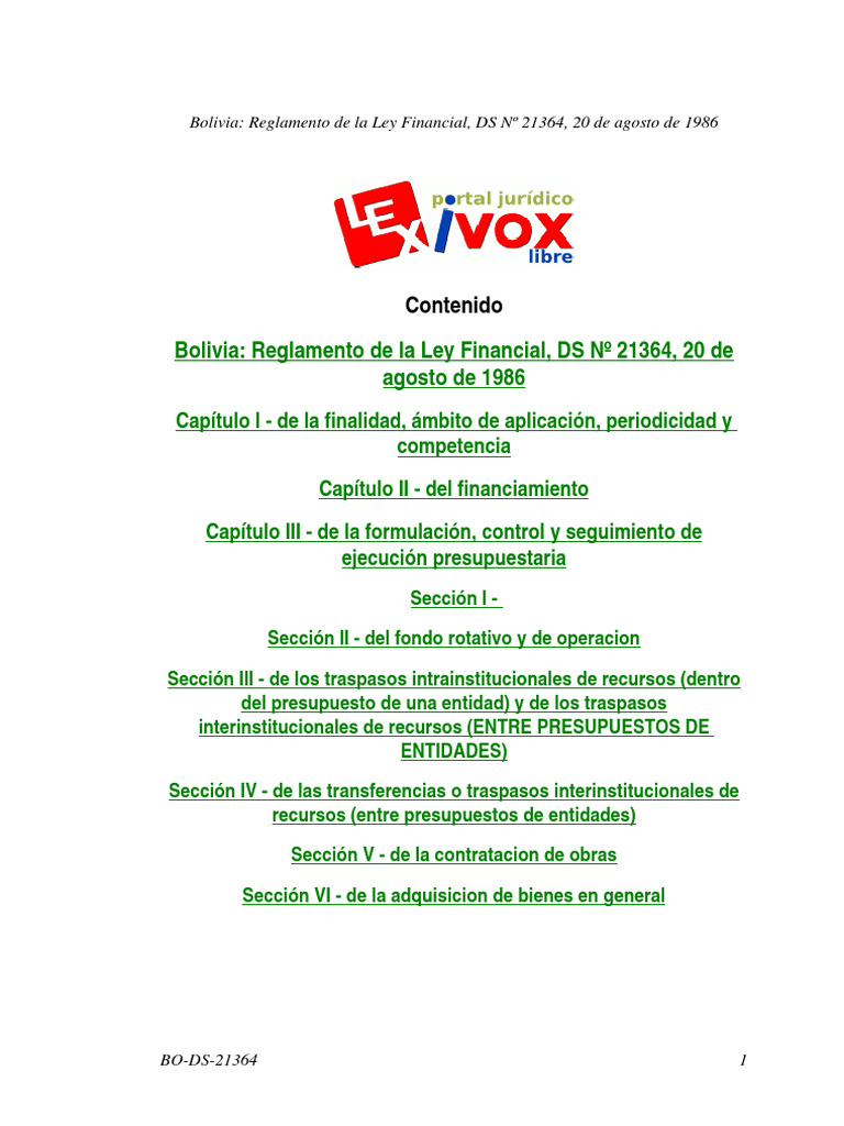 Reglamento Ley Financial DS 21364 | PDF | Presupuesto | Bolivia