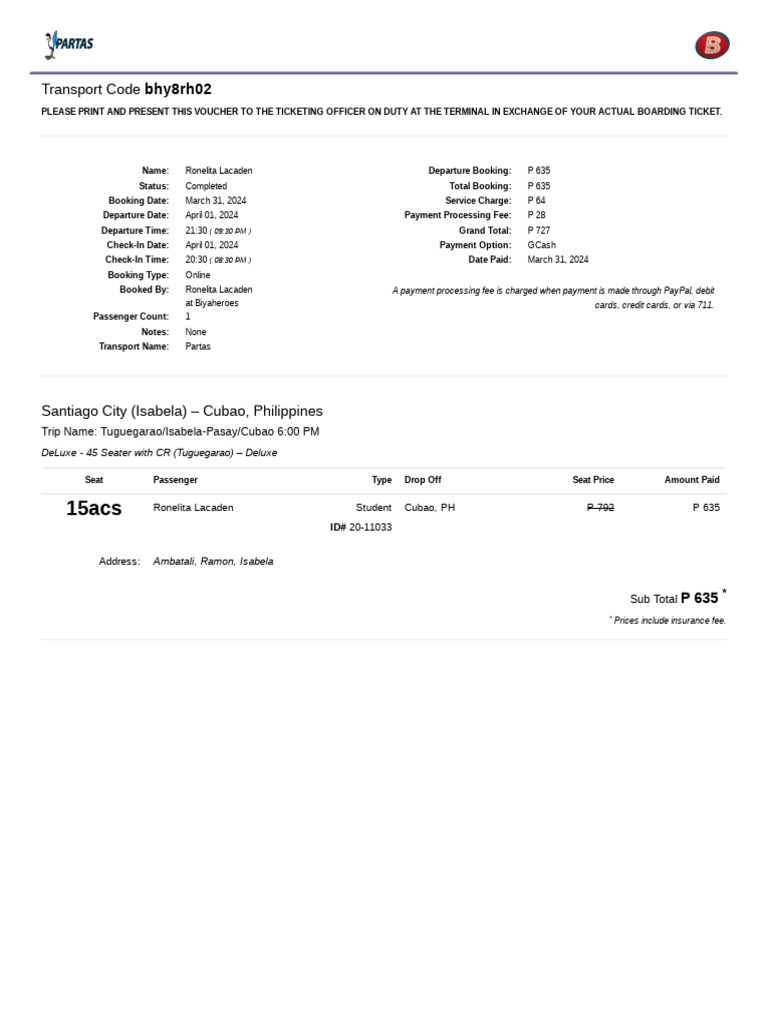 Partas Bus Ticket Voucher - Tuguegarao to Cubao | PDF | Credit Card ...