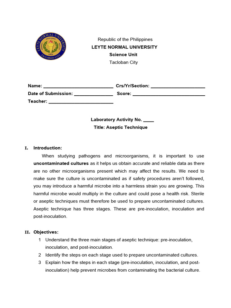 Aseptic Technique for Uncontaminated Cultures | PDF | Sterilization ...