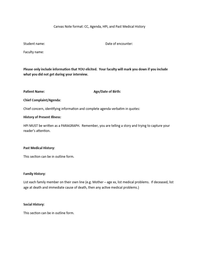 CC HPI PMHX FamSocHx Student Note Template | PDF