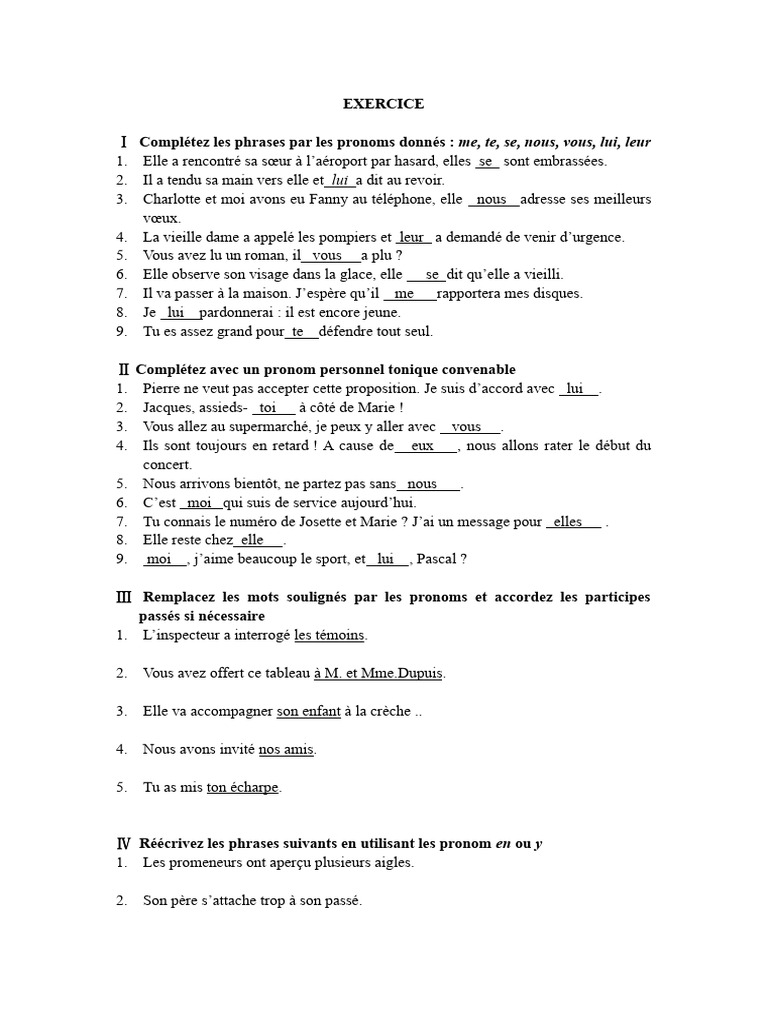 Exercices sur les pronoms en français | PDF