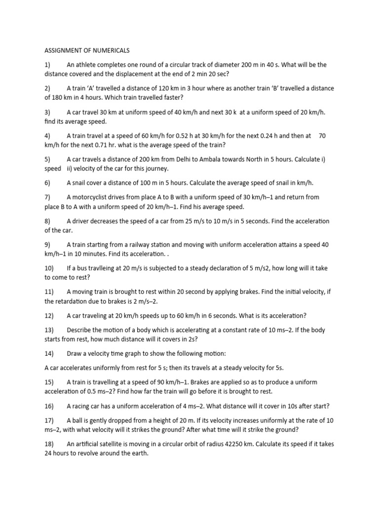 Physics Numerical Problems on Motion | PDF | Speed | Acceleration