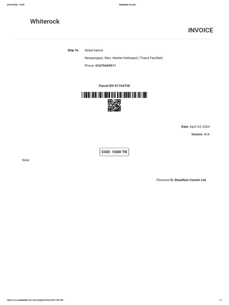 Steadfast Courier Invoice for Narayanganj | PDF