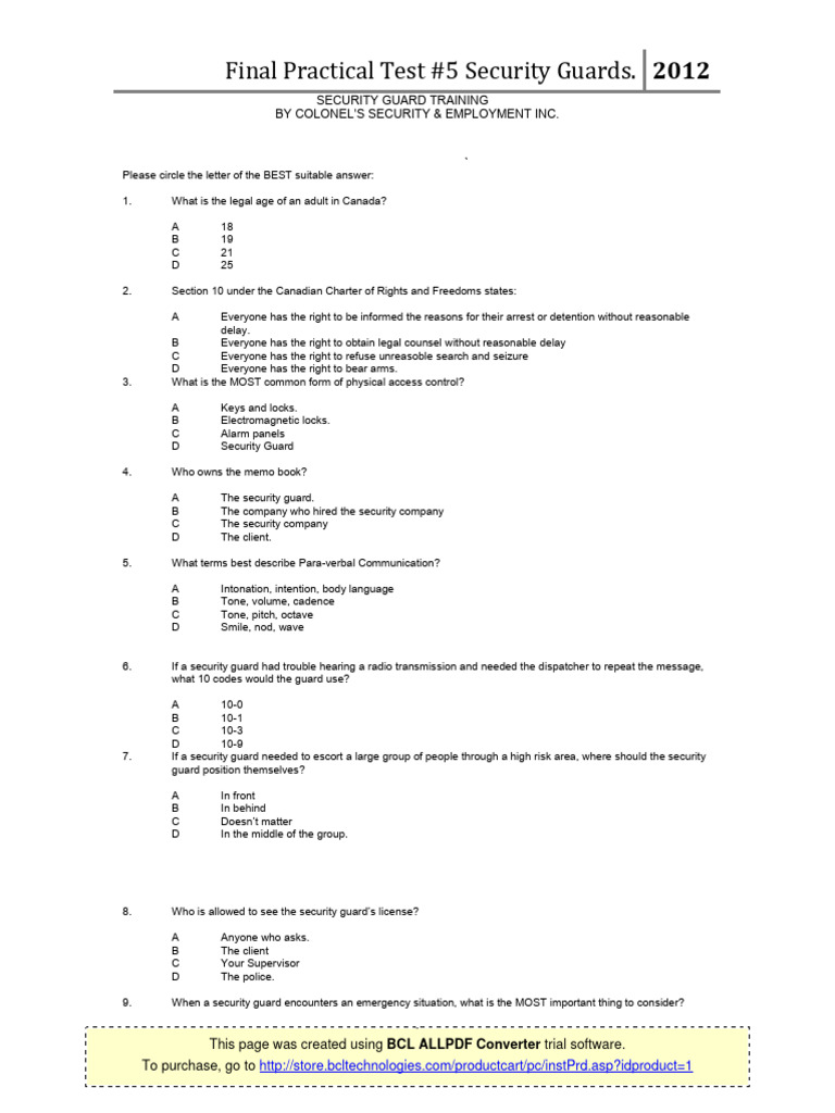 Security Guard Training Exam 2012 | PDF | Security Guard | Security Alarm