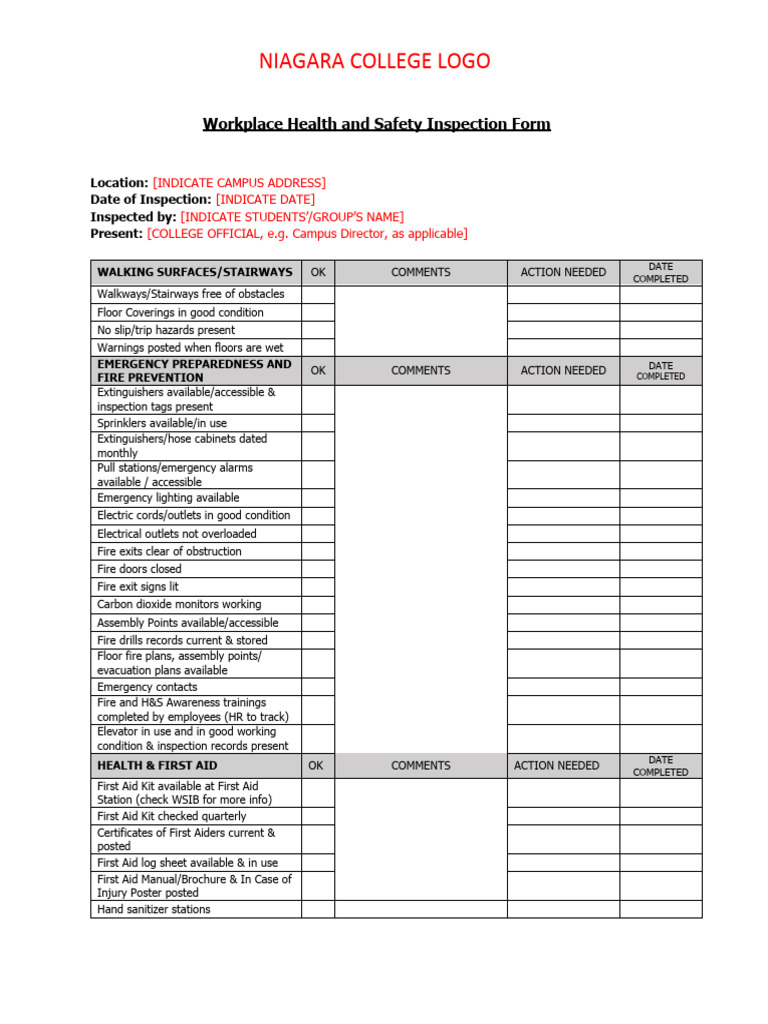 Workplace Health and Safety Checklist | PDF | First Aid | Lighting