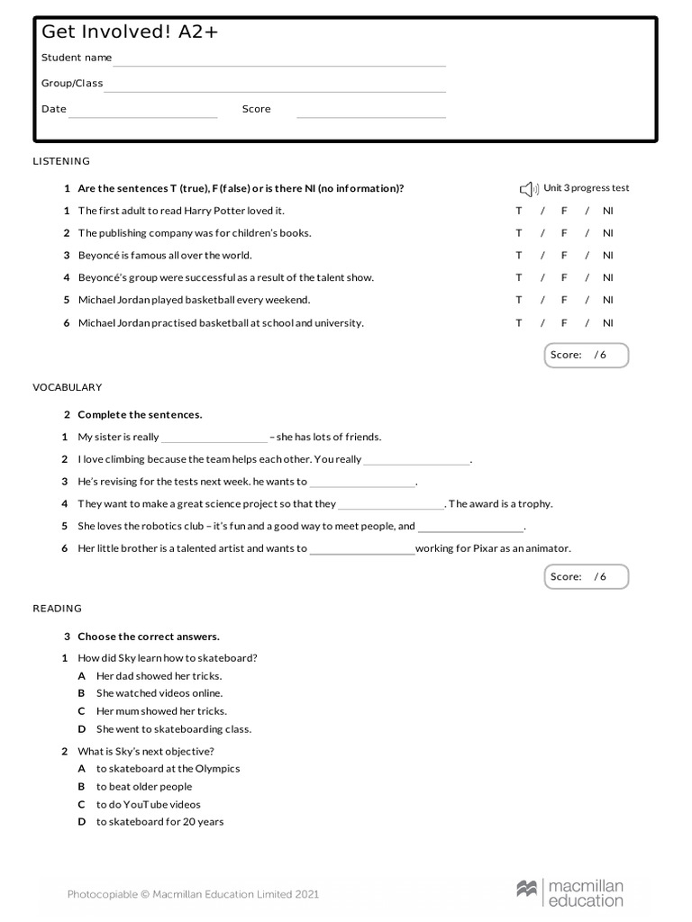 Unit 3 Progress Test A2+ | PDF